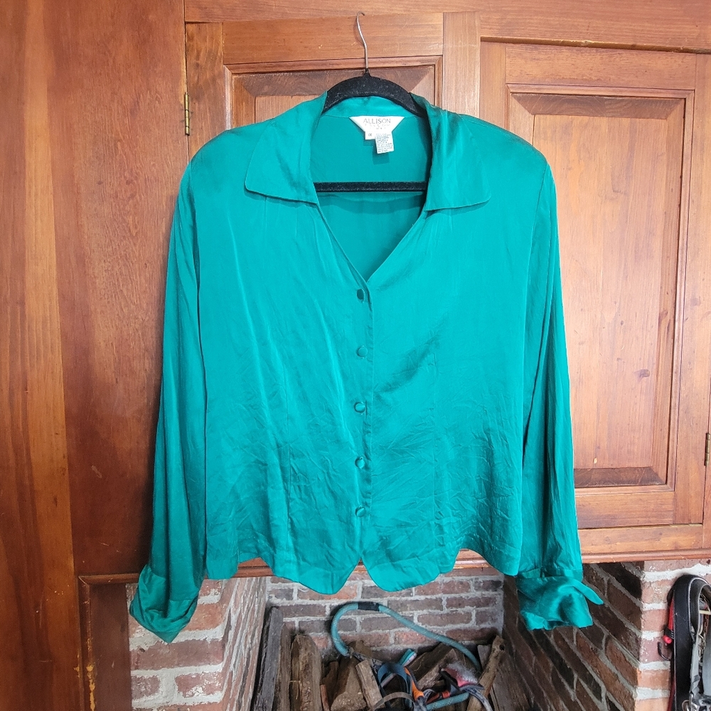 100% Silk Green V-Neck Collared Shirt by Allison Taylor Woman - 1X